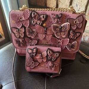 Coach Klare Butterfly Appliqué Crossbody Dusty Rose & Matching Wallet NWOT